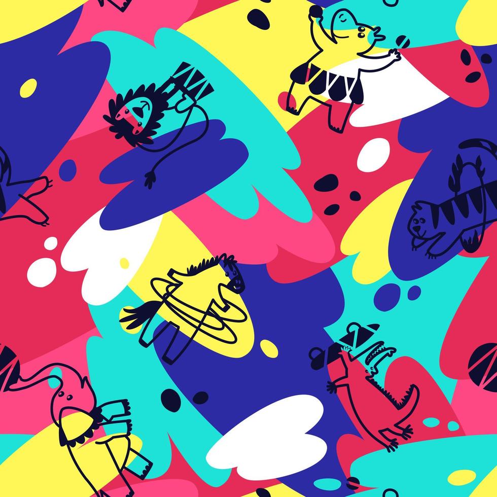 Seamless pattern of circus animals, drawn with an outline on a multicolored background with bright colors vector