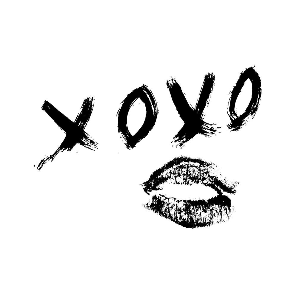 xoxo frase escrita a mano y beso de lápiz labial aislado sobre fondo blanco. signo de abrazos y besos. letras de pincel grunge xo. plantilla fácil de editar para tarjeta de felicitación, pancarta, afiche del día de san valentín. vector