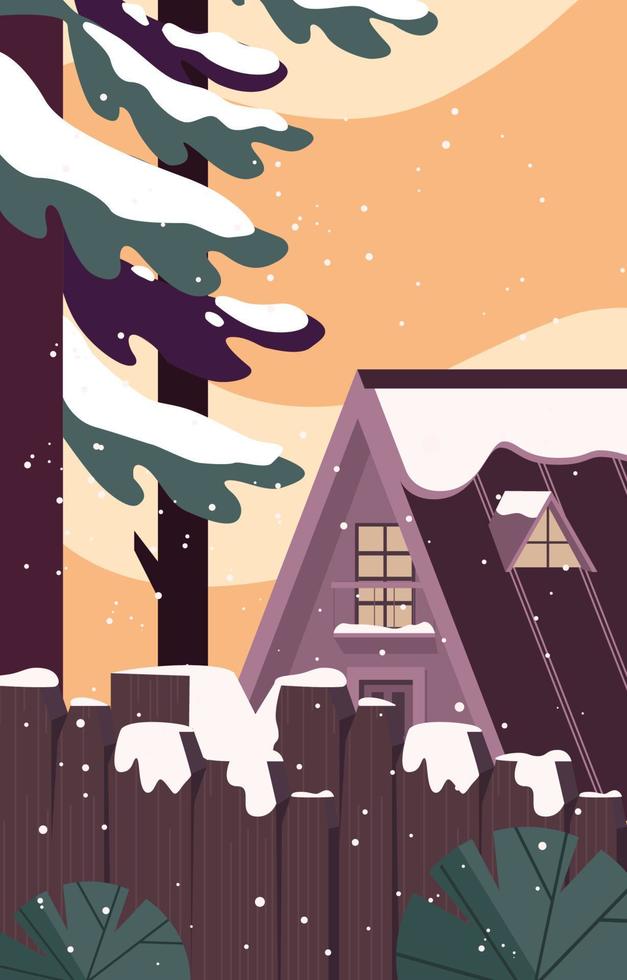 Snowy Trees Near Forest Hut Background vector