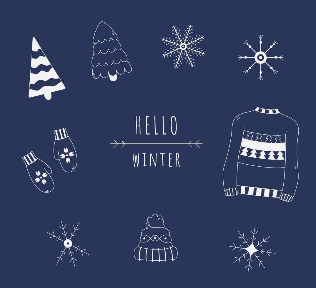 Set of hello winter doodles isolated. Hand drawn snowflakes, Christmas trees, sweater, mittens. Winter vector flat outline illustration