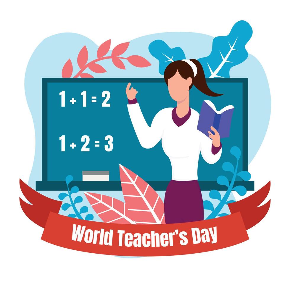 illustration vector graphic of a female teacher is teaching while holding a book in front of the blackboard, perfect for international day, world teacher's day, celebrate, greeting card, etc.