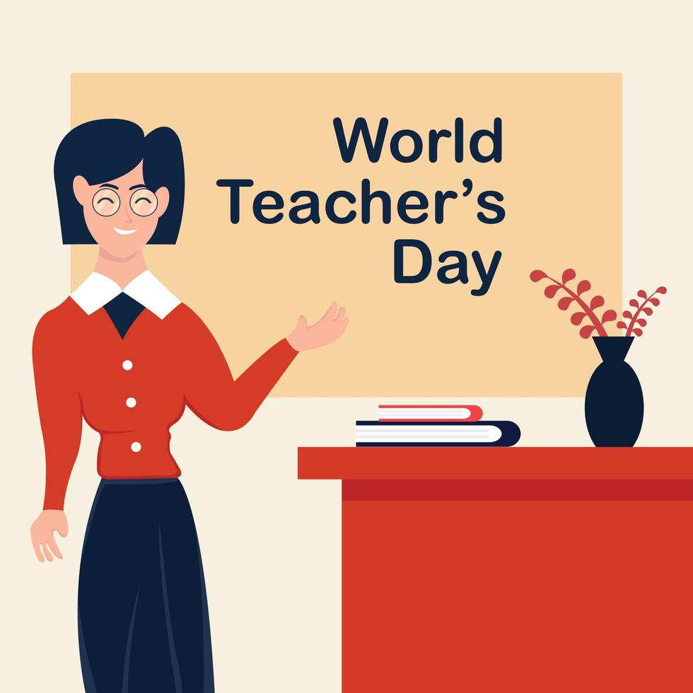 illustration vector graphic of the teacher is standing in front of the blackboard, displaying a flower vase and books on the table, perfect for international day, world teacher's day, celebrate, etc.
