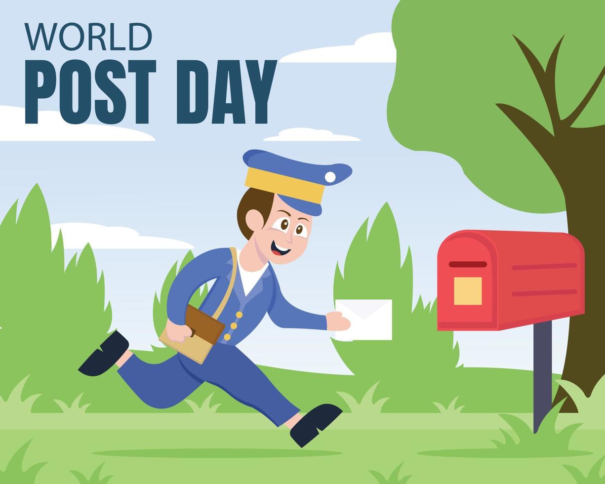 illustration vector graphic of postman running towards the mailbox holding a letter envelope, perfect for international day, world post day, celebrate, greeting card, etc.