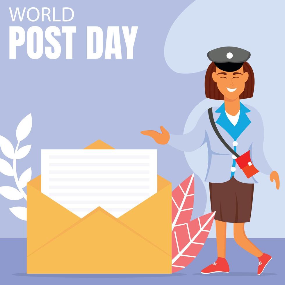 illustration vector graphic of female postal clerk showing big open postcard, perfect for international day, world post day, celebrate, greeting card, etc.