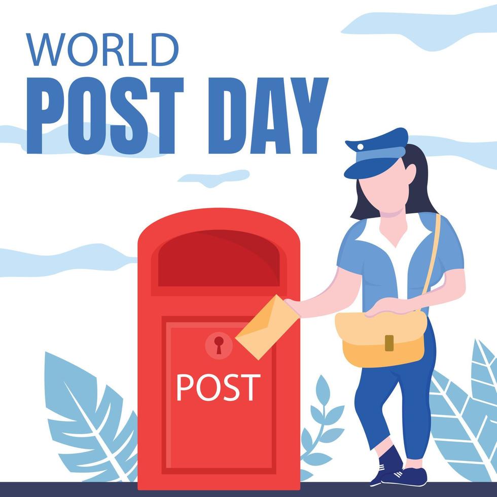 ilustración gráfica vectorial de una empleada postal que pone una postal en el buzón, perfecta para el día internacional, el día mundial del correo, la celebración, la tarjeta de felicitación, etc. vector