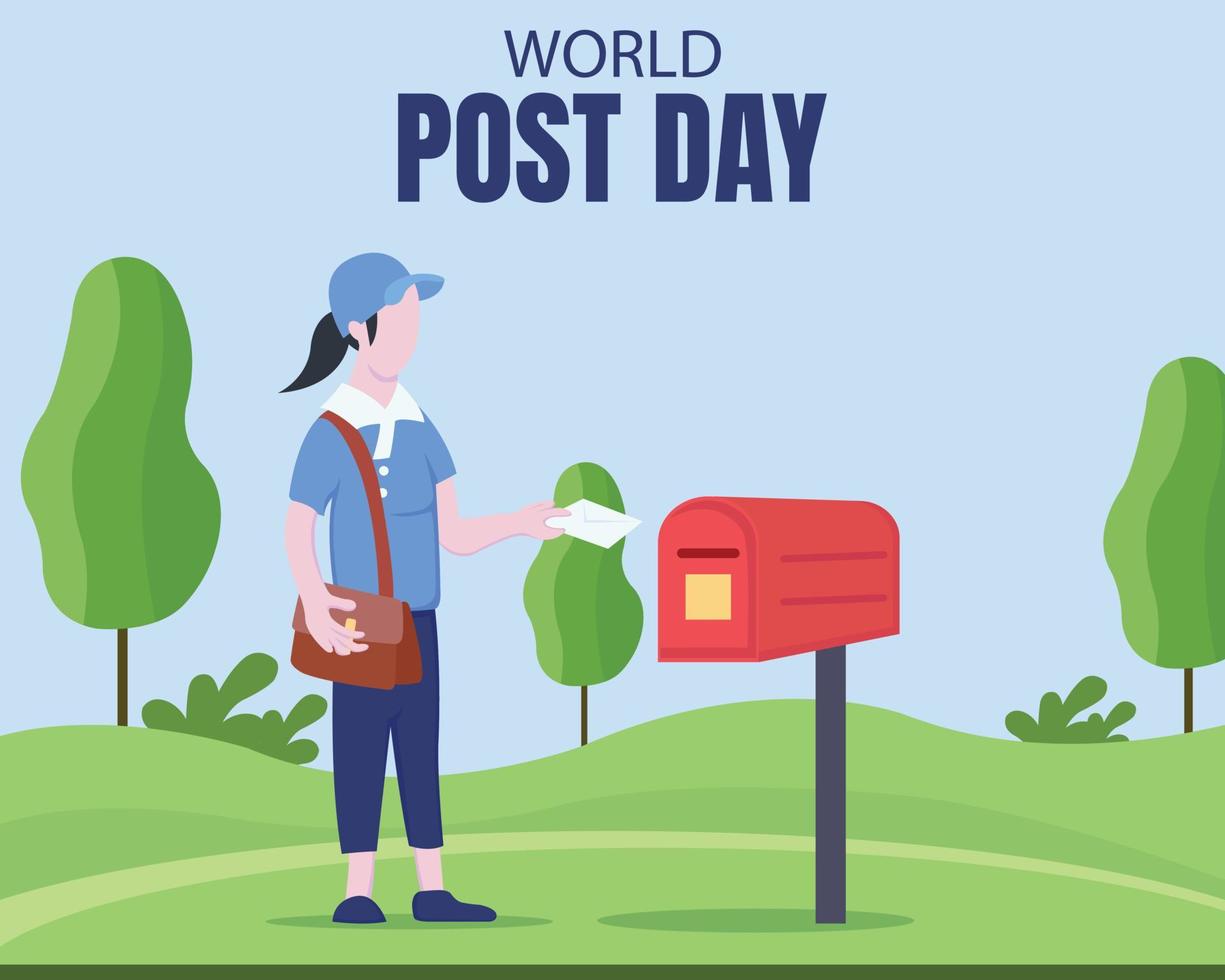 illustration vector graphic of a female postal clerk puts a postcard in a post box, perfect for international day, world post day, celebrate, greeting card, etc.