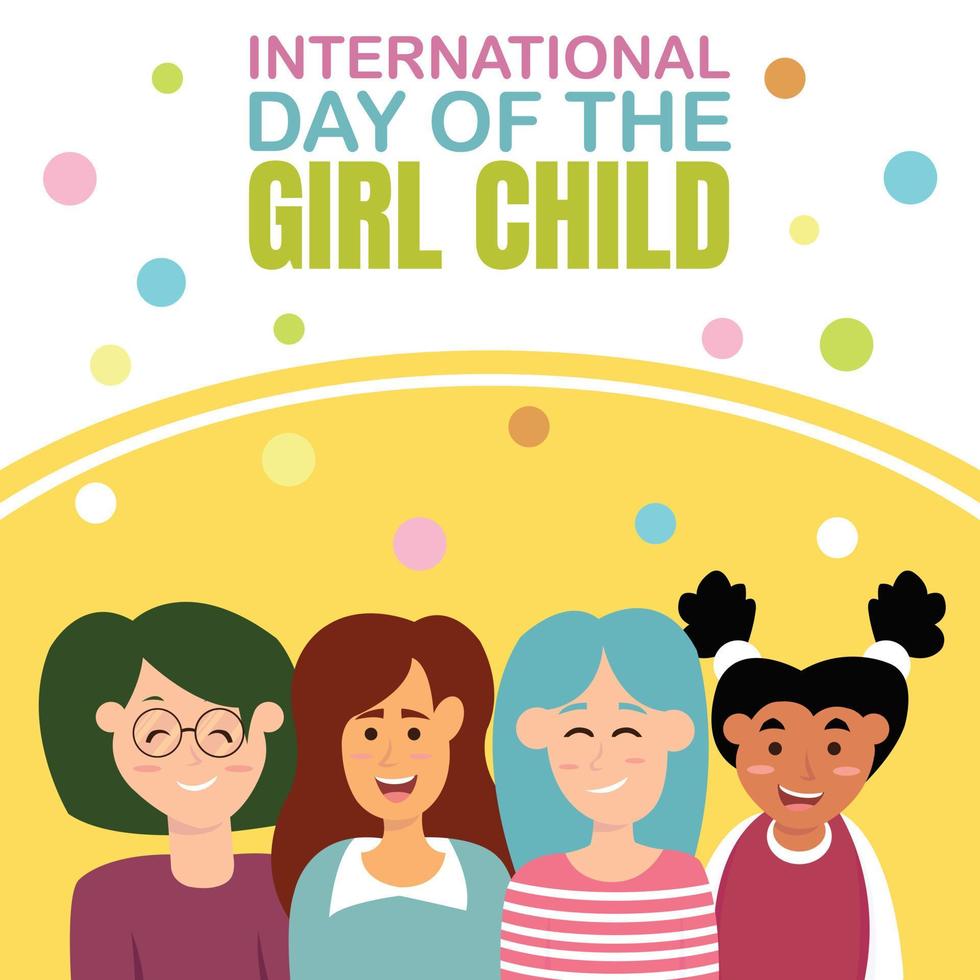 gráfico vectorial ilustrativo de cuatro niñas una al lado de la otra y sonriendo alegremente, perfecto para el día internacional, día de la niña, celebración, tarjeta de felicitación, etc. vector