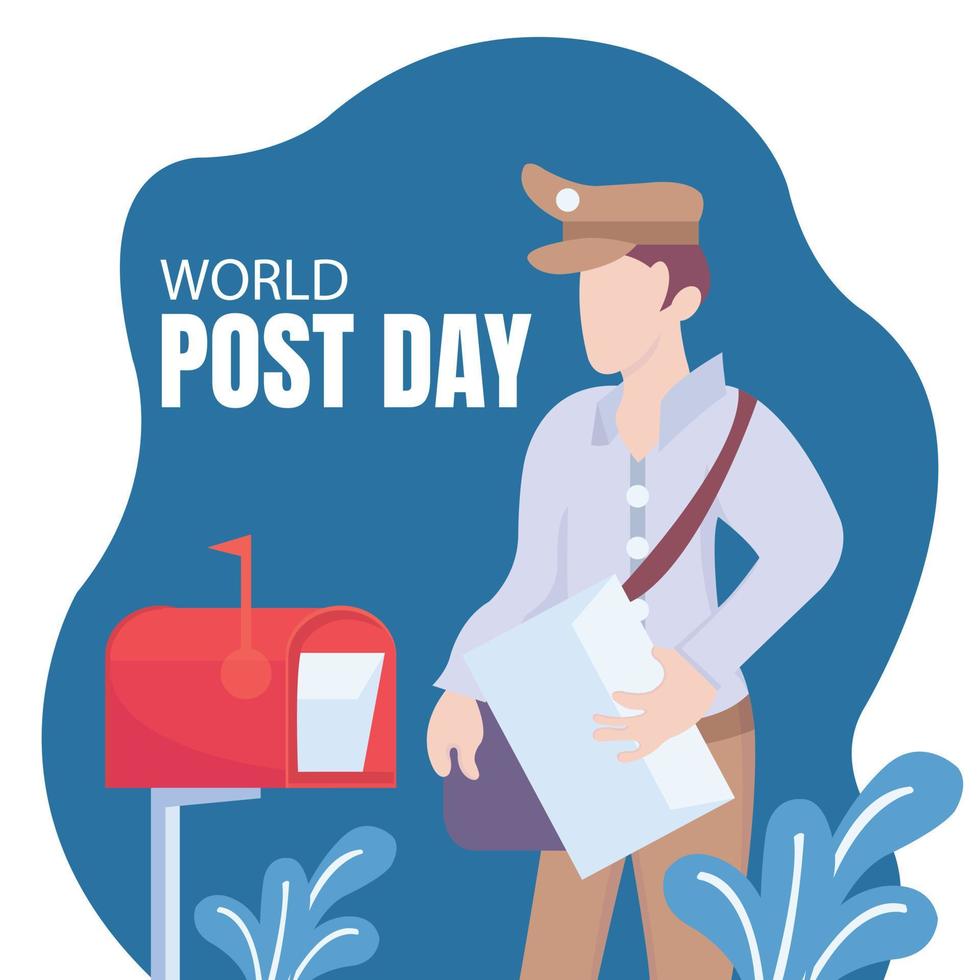 illustration vector graphic of a postman holding a postcard in front of a mailbox, showing plant, perfect for international day, world post day, celebrate, greeting card, etc.