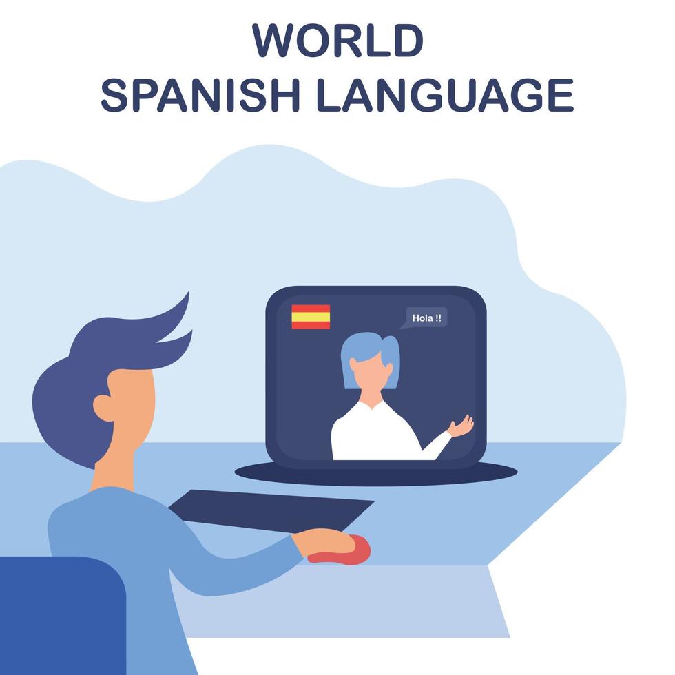 illustration vector graphic of a person is communicating in spanish via a laptop, perfect for international day, world spanish language, celebrate, greeting card, etc.
