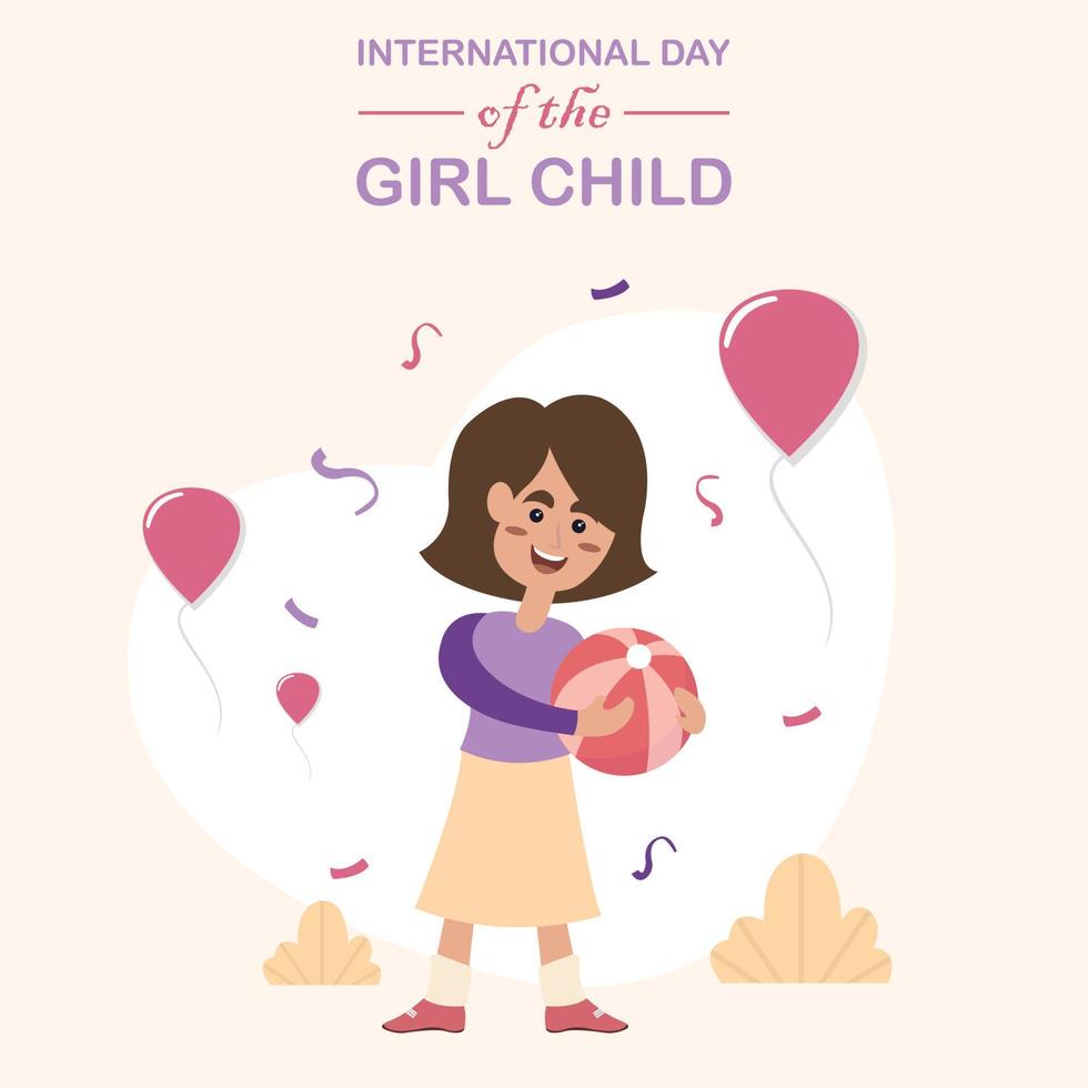 illustration vector graphic of girl holding a ball, showing three flying balloons, perfect for international day, girl child, celebrate, greeting card, etc.