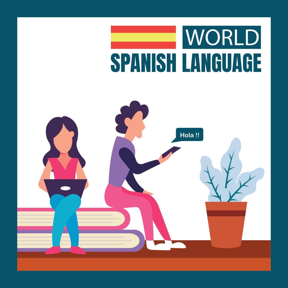 gráfico vectorial ilustrativo de dos adolescentes que se comunican a través de Internet en español, perfecto para el día internacional, idioma español mundial, celebración, tarjeta de felicitación, etc. vector