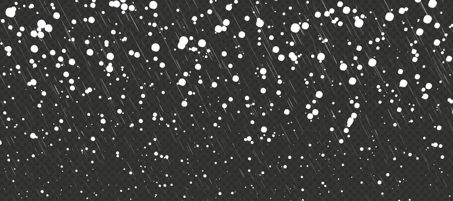 condiciones climáticas de tormenta de invierno. nevadas de dibujos animados de vacaciones con lluvia. copos al azar en el cielo sobre fondo negro vector
