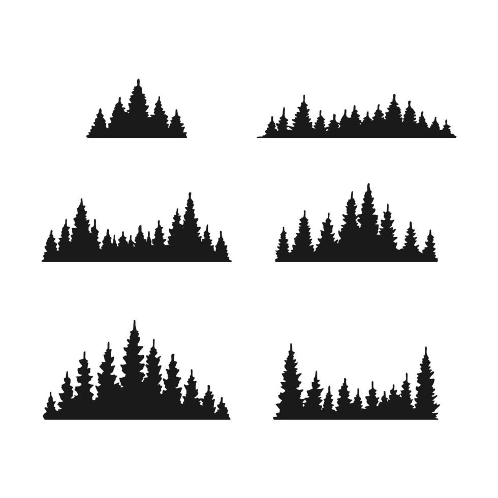 conjunto de silueta de bosque de pinos aislado sobre fondo blanco. Ilustración de vector dibujado a mano.