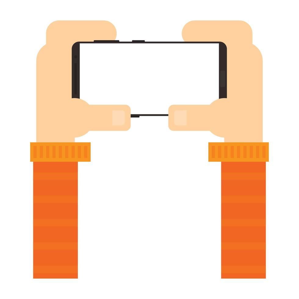 Hands holding smartphone with blank screen . Horizontal view. Vector illustration in flat style
