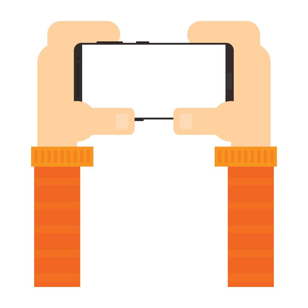 Hands holding smartphone with blank screen . Horizontal view. Vector illustration in flat style