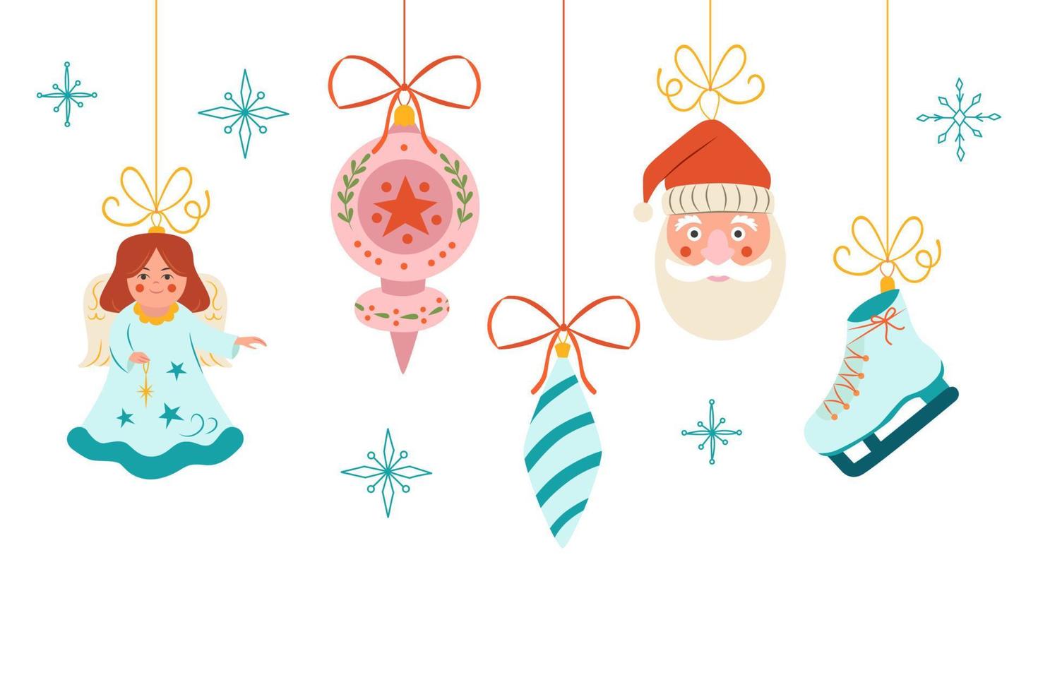 Christmas background with decorative toys. Christmas ornaments hanging down elegantly. Holiday decor, card, poster, invitation, announcement vector