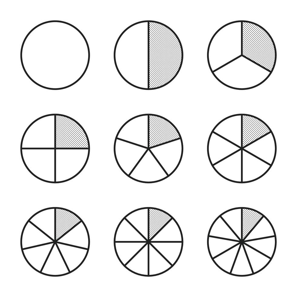 Fractional circle line chart icon. Ratio and some linear vector icons. The round shape of a pie or pizza is cut in evenly spaced dotted slices. Linear illustration of a simple business chart.