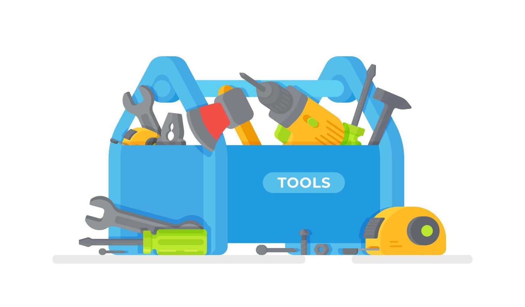 Vector illustration of insulated wooden box on white background. Construction tools. Toolbox with hand tools inside.