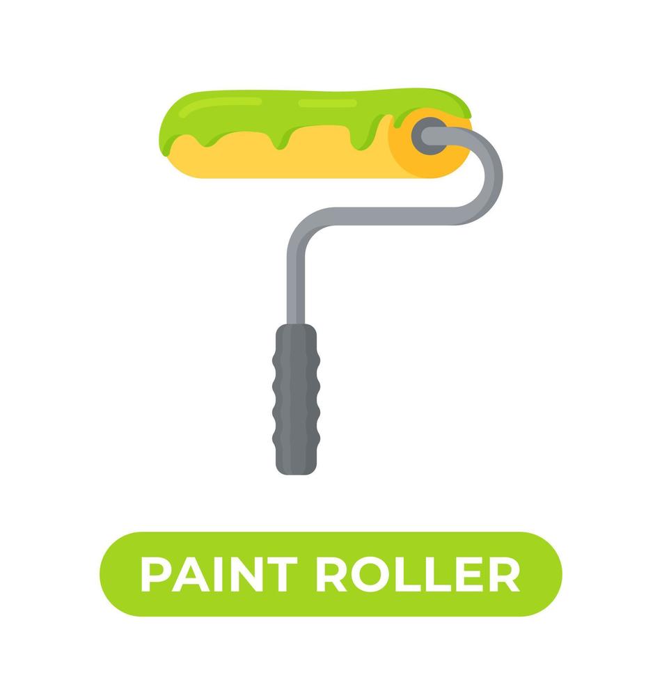 Design with large paint roller and painted markings in green. Vector illustration of an insulated wall paint roller on a white background.