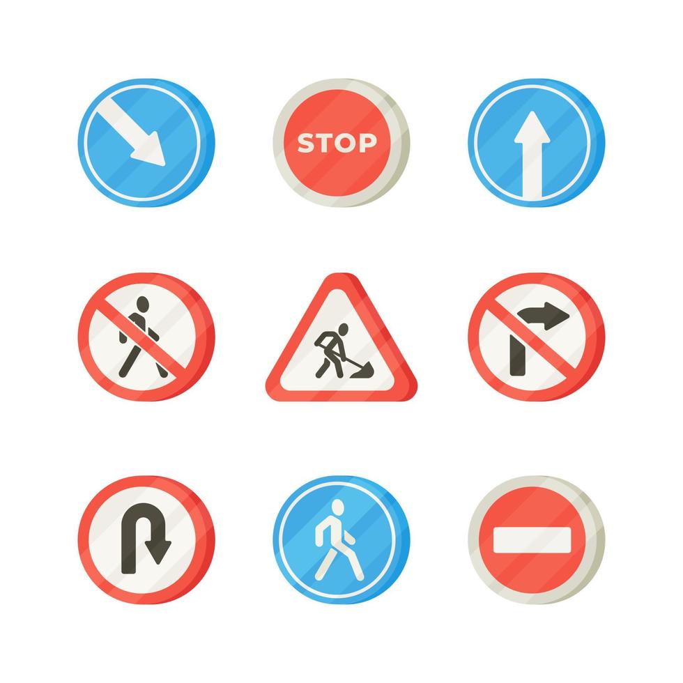 Illustration of various road signs isolated on a white background. Set of road signs, flat design, traffic safety. vector