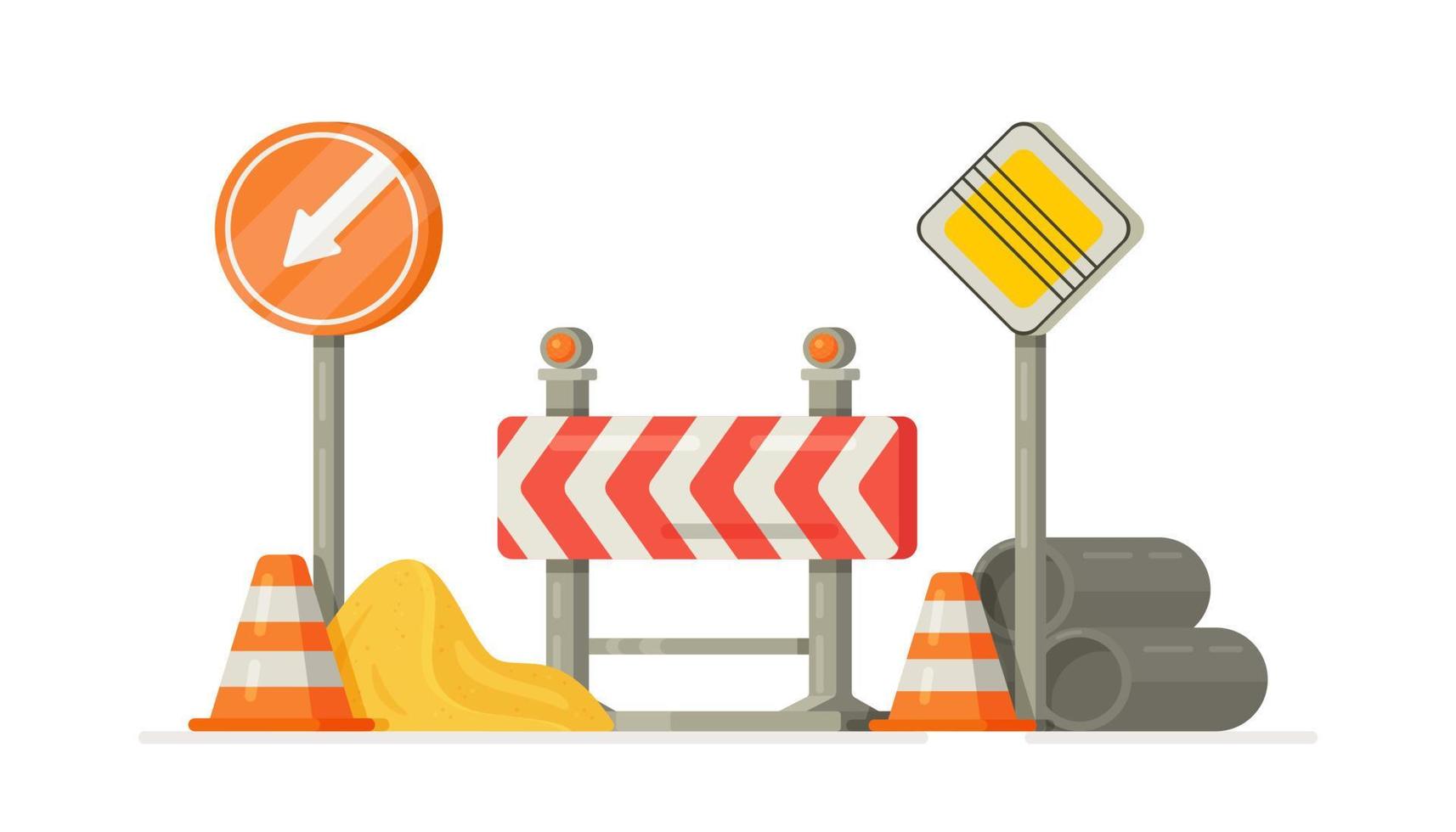 Vector illustration of site construction. A collection of construction signs.