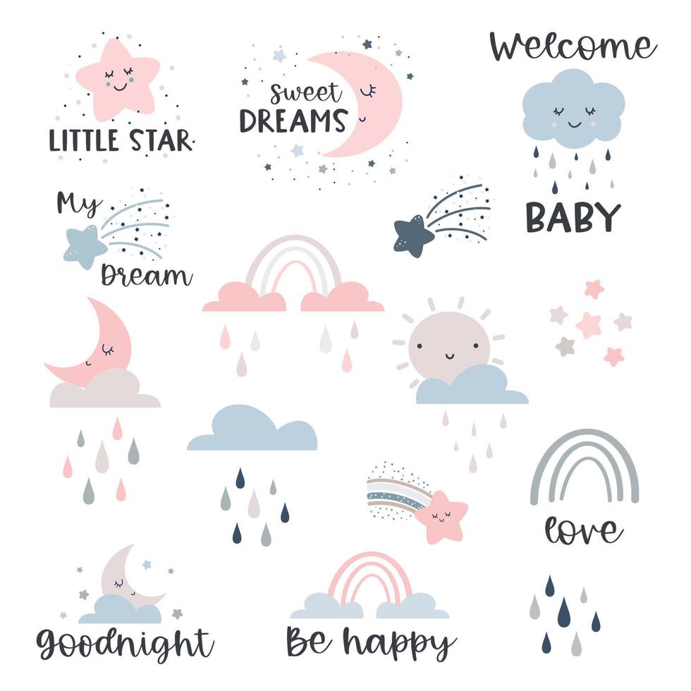 Collection with cute typographic design elements. Sun, rainbow, and clouds. Hand drawn vector illustration.