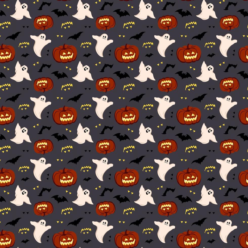 Bright dark pattern with pumpkins, ghosts and bats. Festive autumn decoration for Halloween. Holiday October background for paper print, textile and design. Vector flat illustration