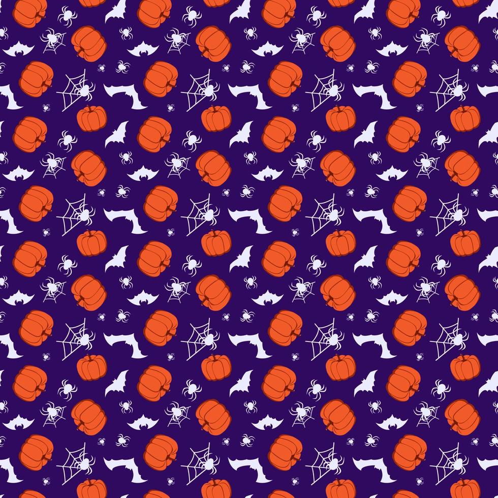 Seamless pattern with pumpkins, bats and spiders on violet background. Halloween party decoration. Festive print for paper, textile, holiday and design. Vector flat illustration