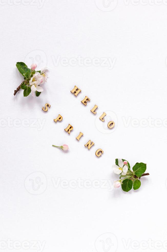 dos brotes primaverales de manzanos floridos sobre un fondo blanco con una inscripción de letras de madera - hola primavera. vista superior. un espacio de copia. endecha plana foto