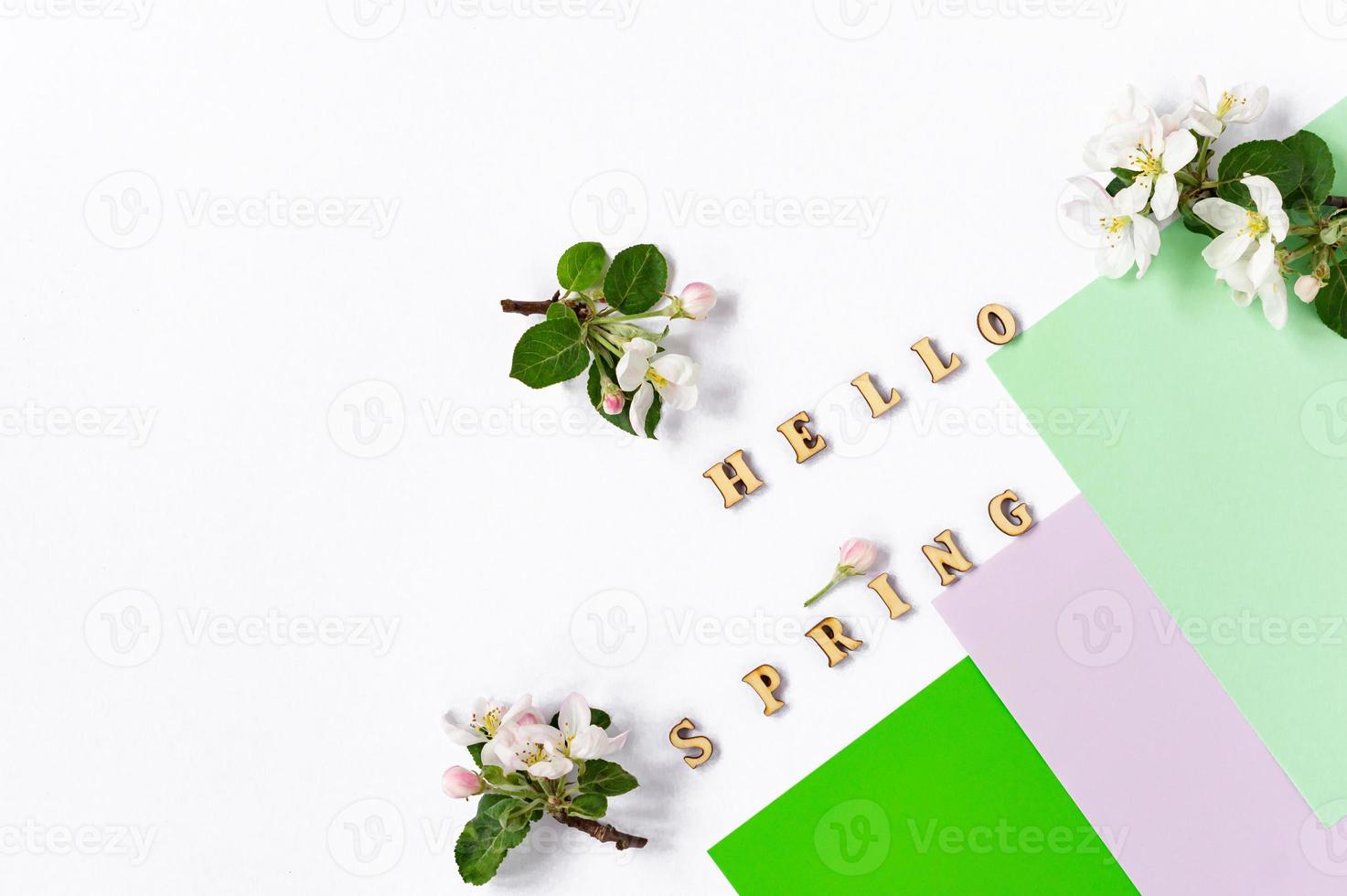 Hello spring-wooden letters on a white background with spring apple flowers and buds, multi-colored sheets of paper. top view. a copy space. photo