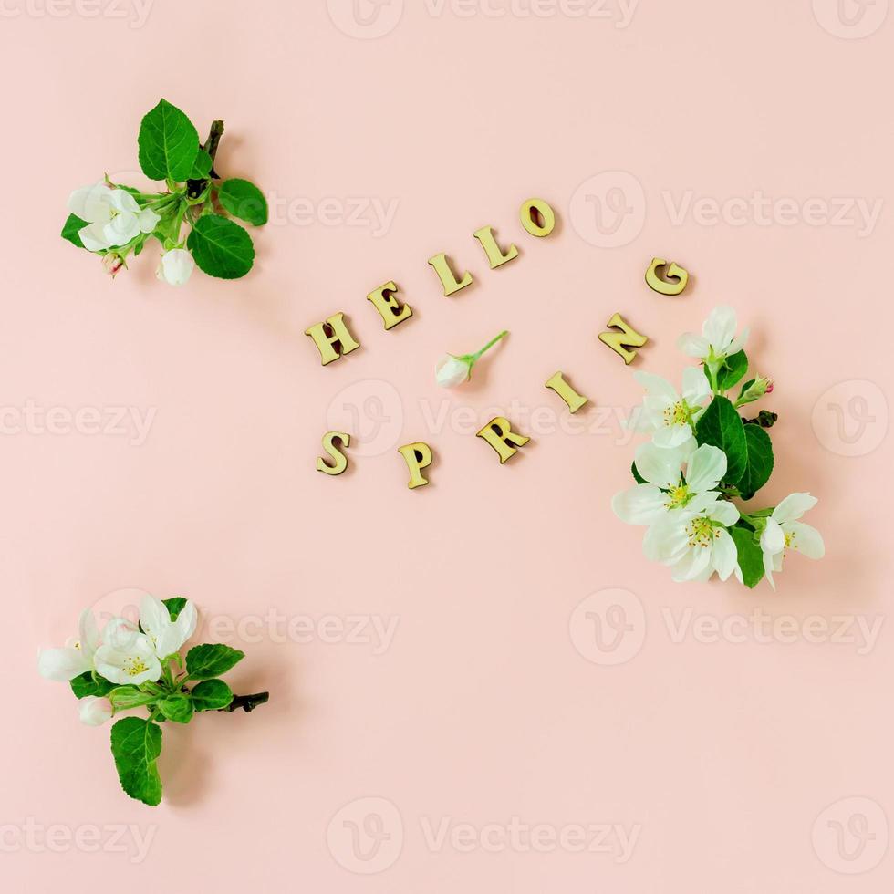 spring composition on a pink background of buds and flowers of apple trees with text of wooden letters - hello spring. photo