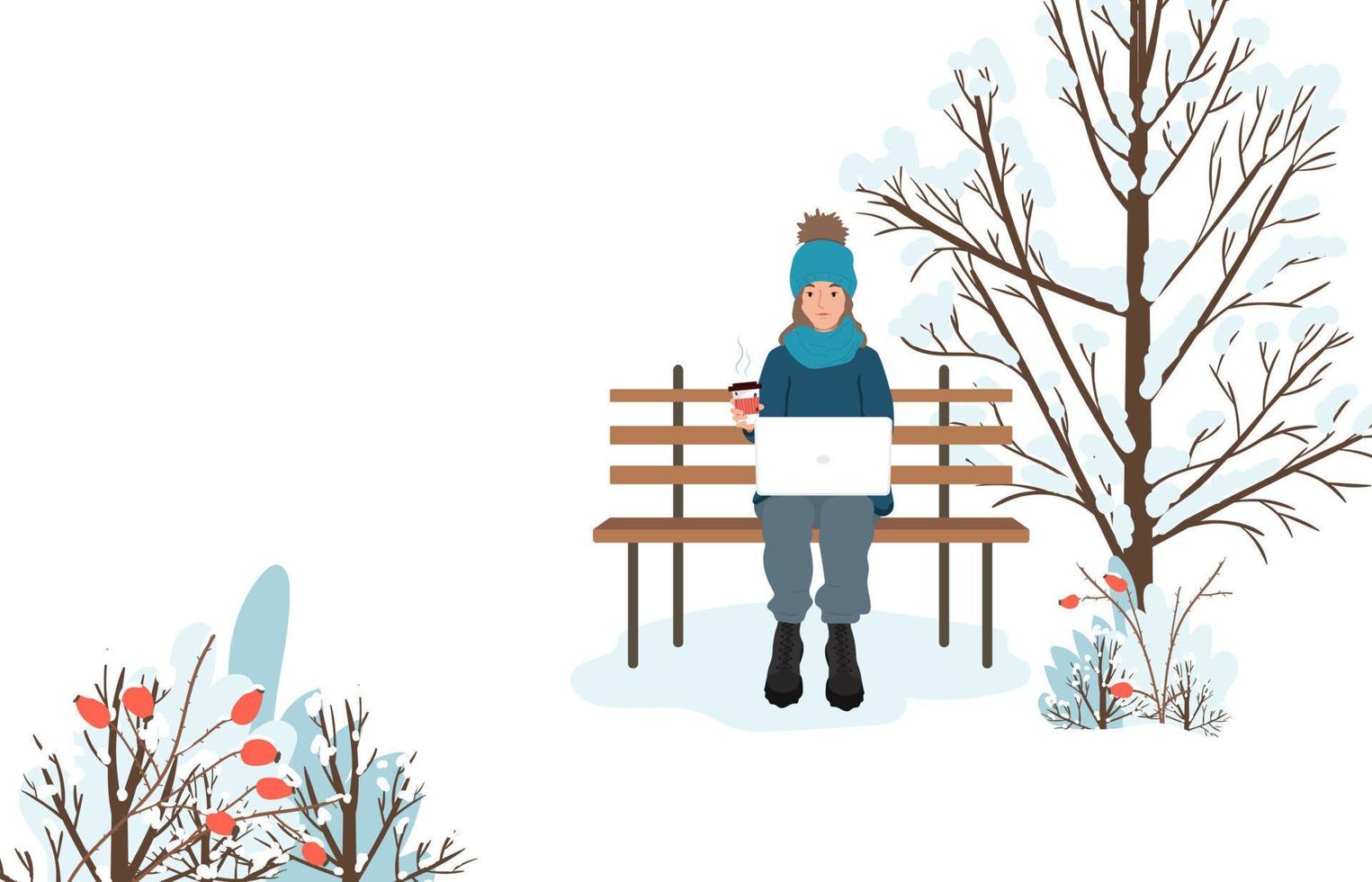Vector Christmas banner with young girl sitting on a bench with coffee and a laptop isolated on the white background. Flat vector illustration