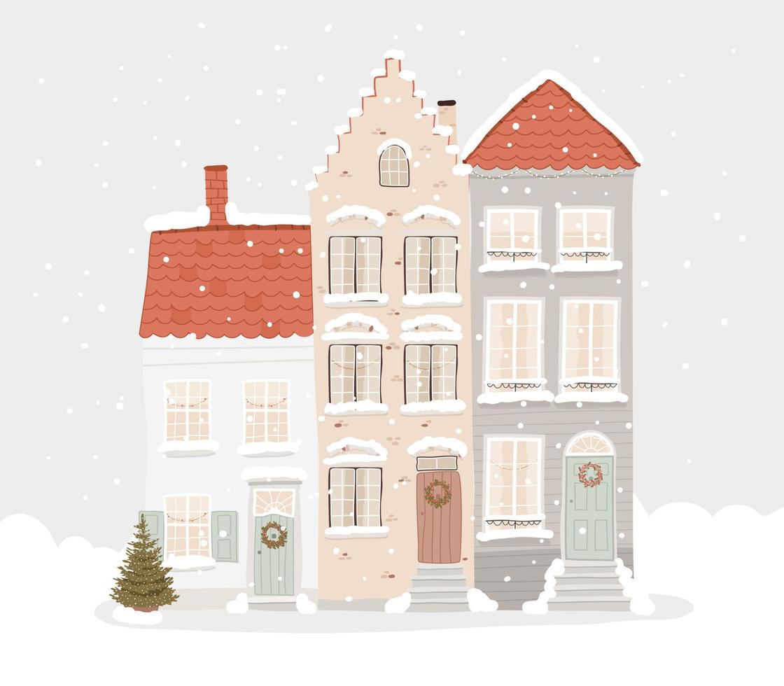 Isolated three european houses with Christmas decoration and Chrastmas tree. Snowy old town landscape. Hand drawn vector illustration in flat style