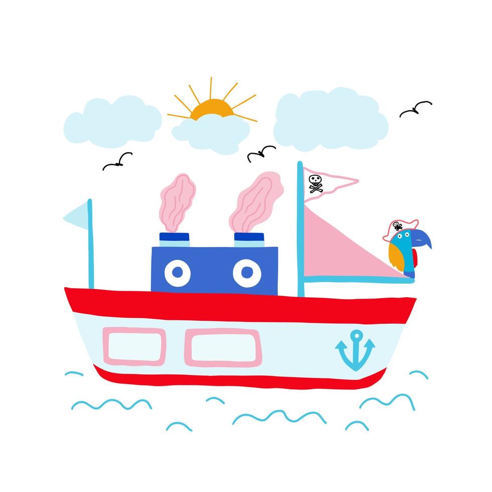 barco pirata en el mar. linda ilustración con un loro y un barco de mar aislado en un fondo blanco. vector