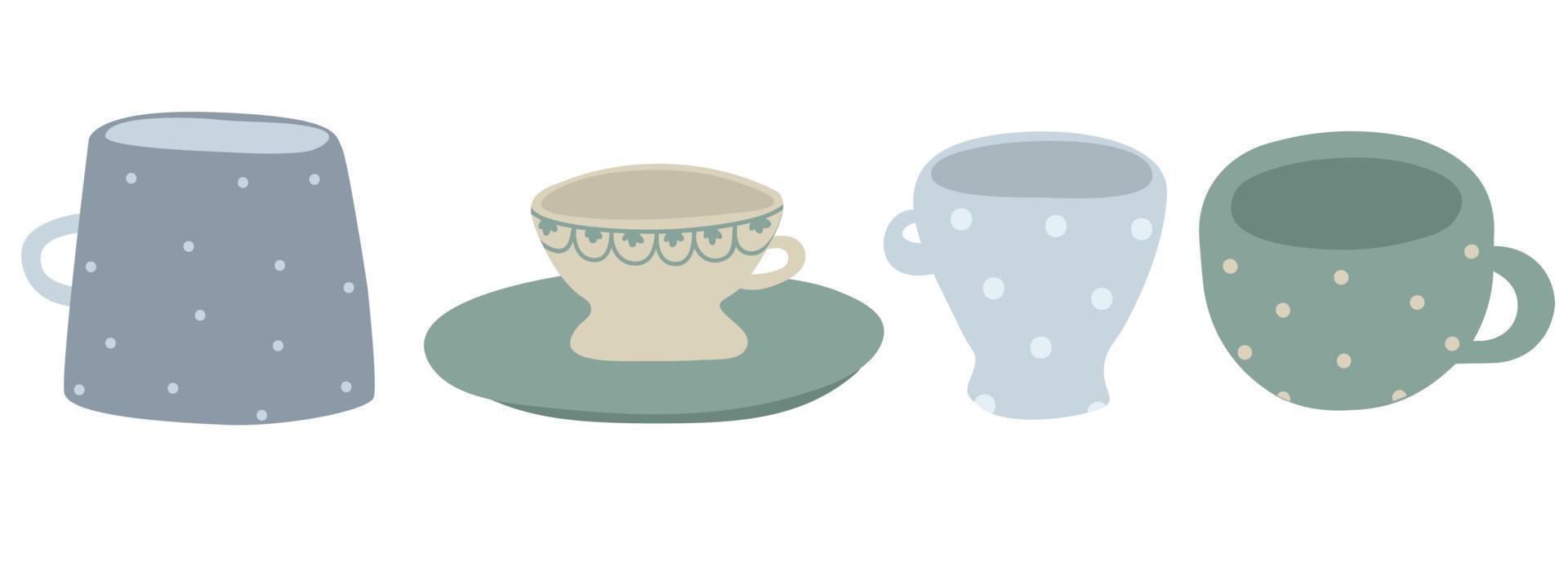Ceramic cups. Hand drawn tea mug set. Trendy cups. Coffee and tea mugs in scandinavian style. Colorful porcelain vector set. Illustration drink mug, cup coffee tea