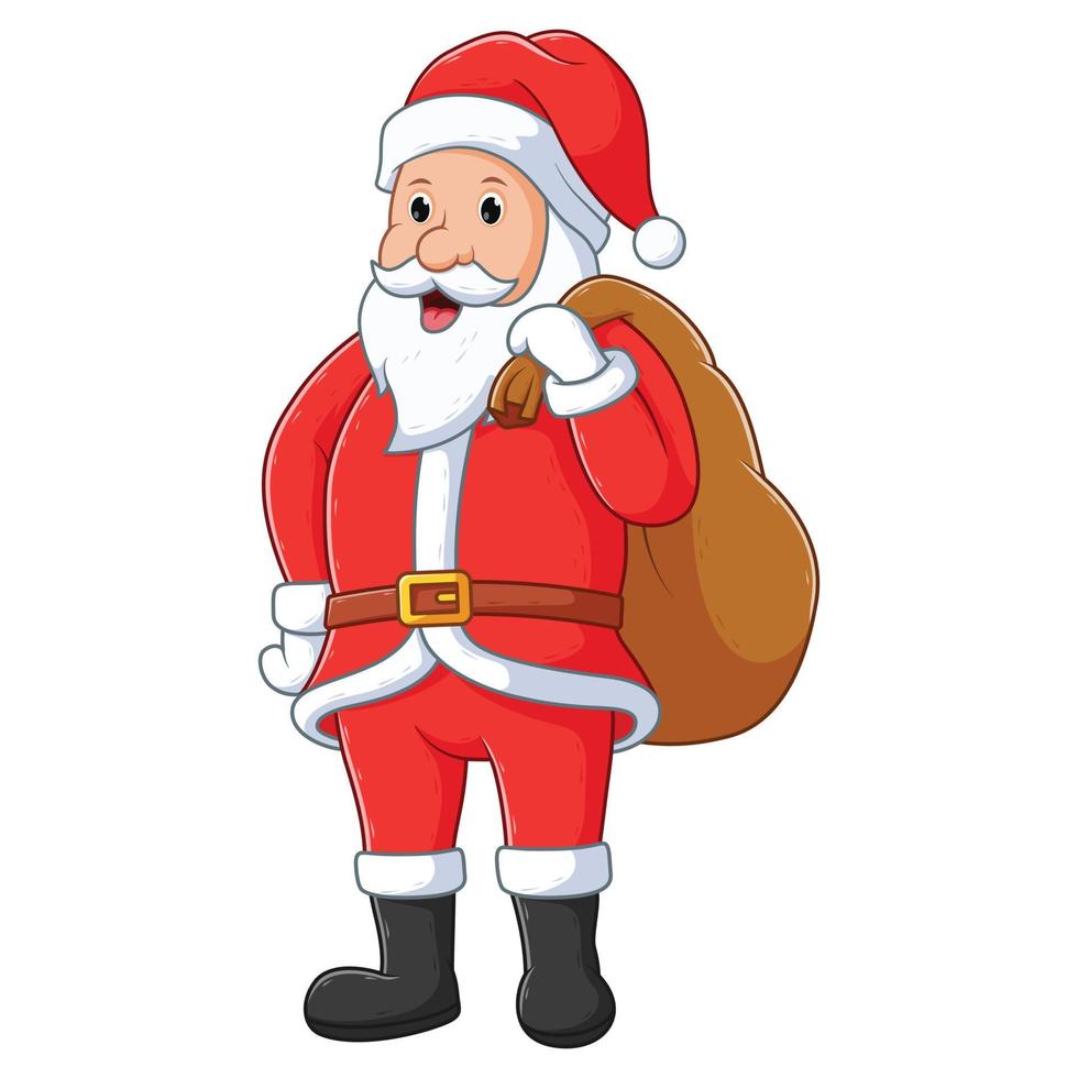 Santa Claus Carrying a Sack Full of Gifts. Vector Cartoon Illustration