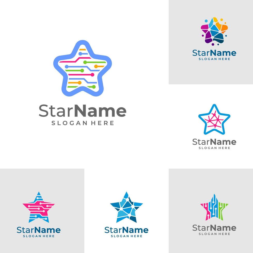 conjunto de elementos de diseño de logotipo de icono de estrella digital. plantilla de vector de logotipo de estrella de tecnología