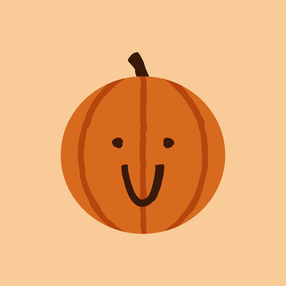 Emoticon sonriente de calabaza de Halloween, lindo emoticono de cara naranja con una sonrisa amplia y cerrada que sube a las mejillas. vacaciones de octubre jack o linterna vector aislado.