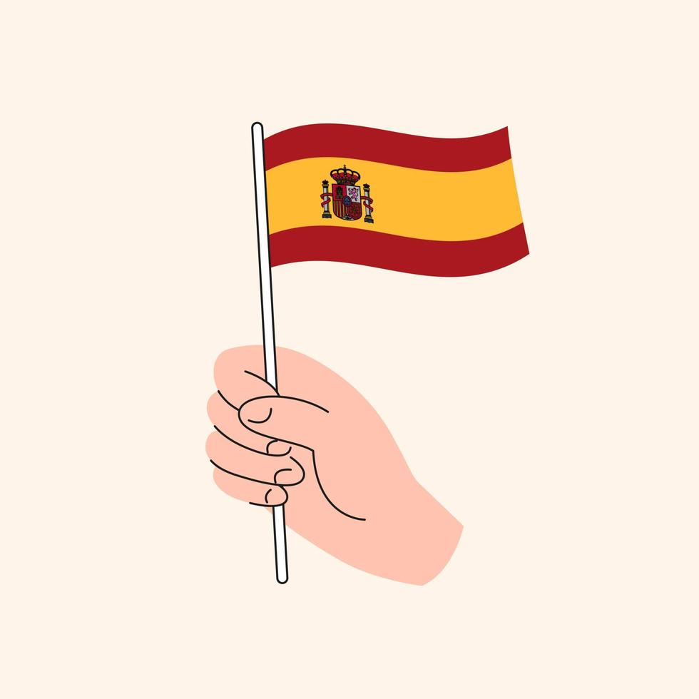 mano de dibujos animados sosteniendo la bandera española. bandera de españa, ilustración conceptual, vector aislado de diseño plano.