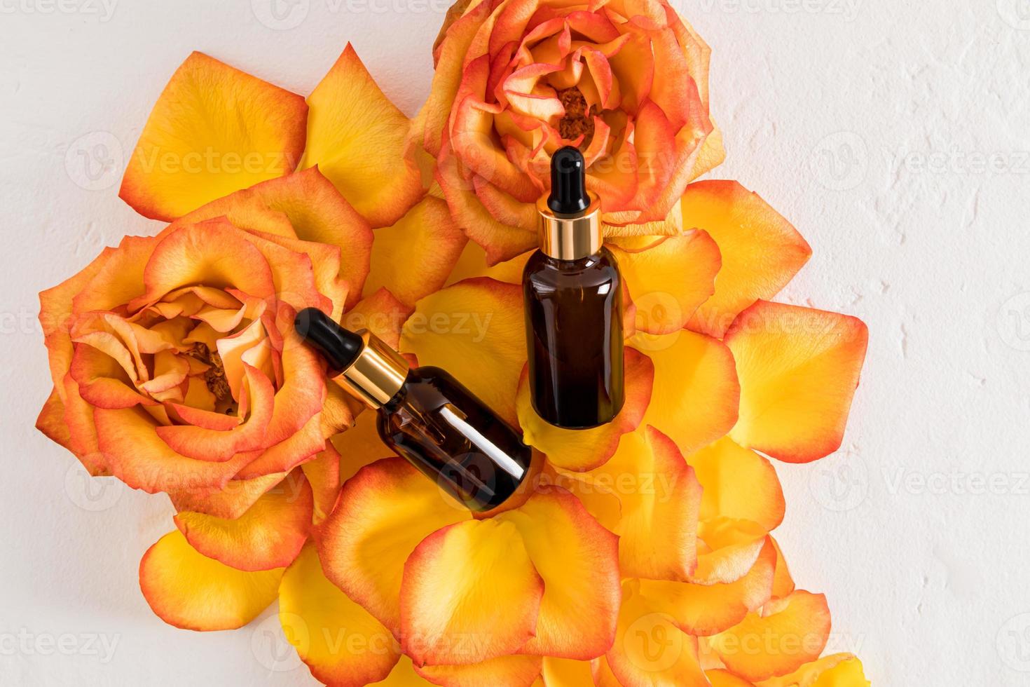 Top view of two bottles with a pipette lie on the petals of a tea rose . concept of natural organic essential oil or serum for face and body care. photo
