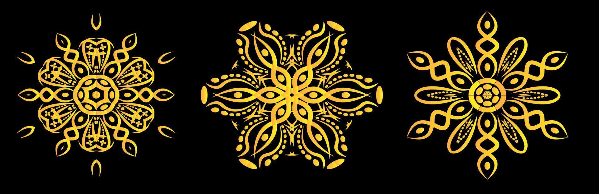 Set of circular geometric ornaments on black background. vector