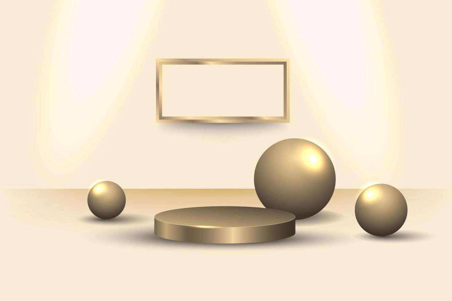 3d gold round podium with shadow, photo frame and golden ball. Round winner pedestal. 3d empty platform. Vector illustration