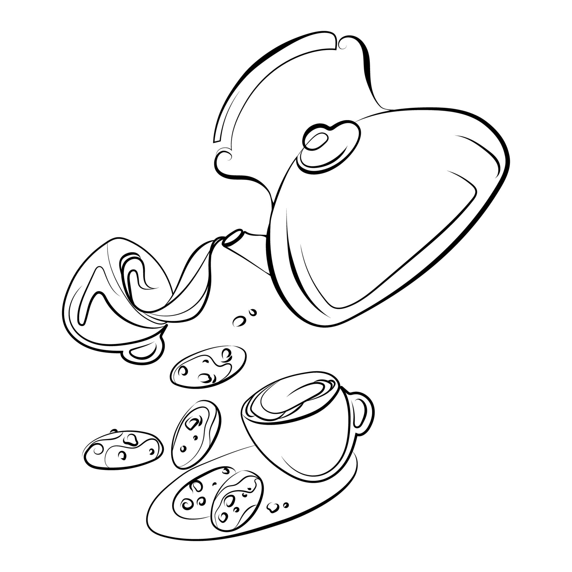 Teapot Pouring Tea Into A Cup Line Art Drawing Black And White Vector 