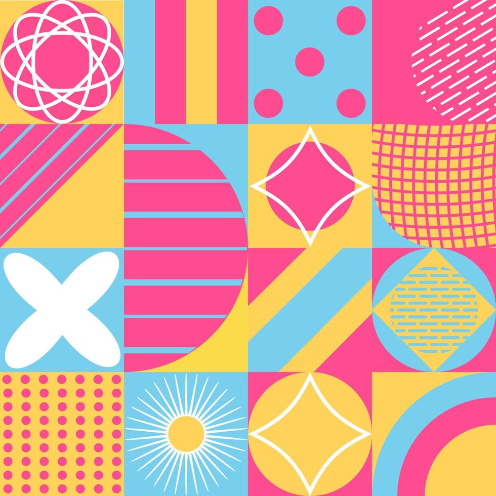 A background with a geometric pattern of the 20s, a template, a layout with elements of primitive forms. Background with retro Bauhaus pattern, vector abstract art of circle, triangle and square line
