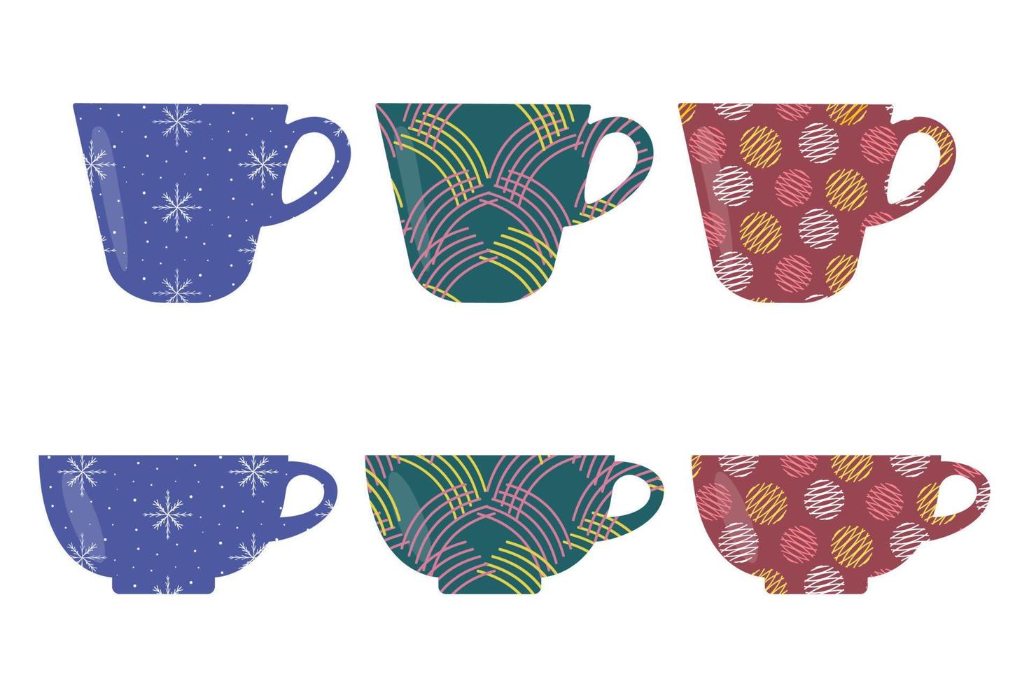 Vector set of cups with various patterns isolated on a white background