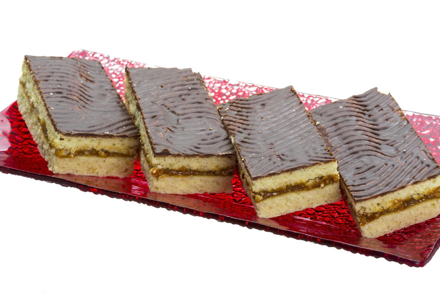 Chocolate cake on white background photo