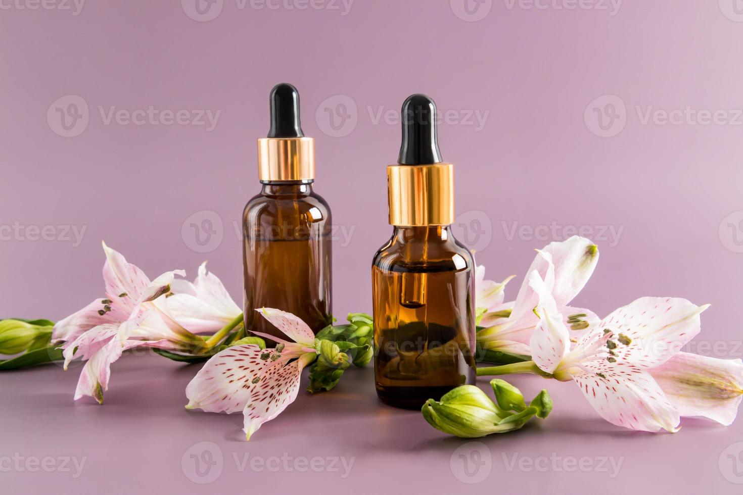 aceite cosmético, aceite esencial o suero de autocuidado en dos botellas sobre un fondo morado con flores frescas. cosmética natural. foto