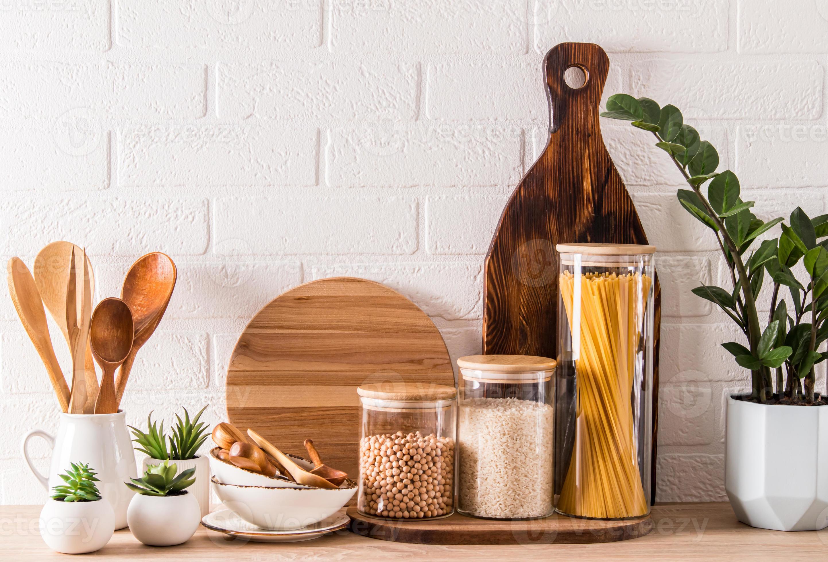 various kitchen utensils and containers for storing bulk products on a