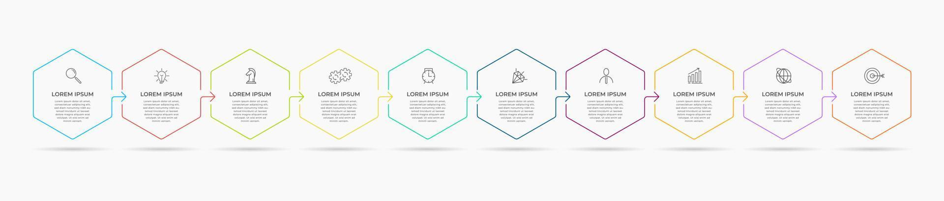 plantilla de infografía empresarial. Línea de tiempo con 10 pasos, opciones e íconos de marketing. Infografía lineal vectorial con dos elementos conectados en círculo. puede ser utilizado para la presentación. vector