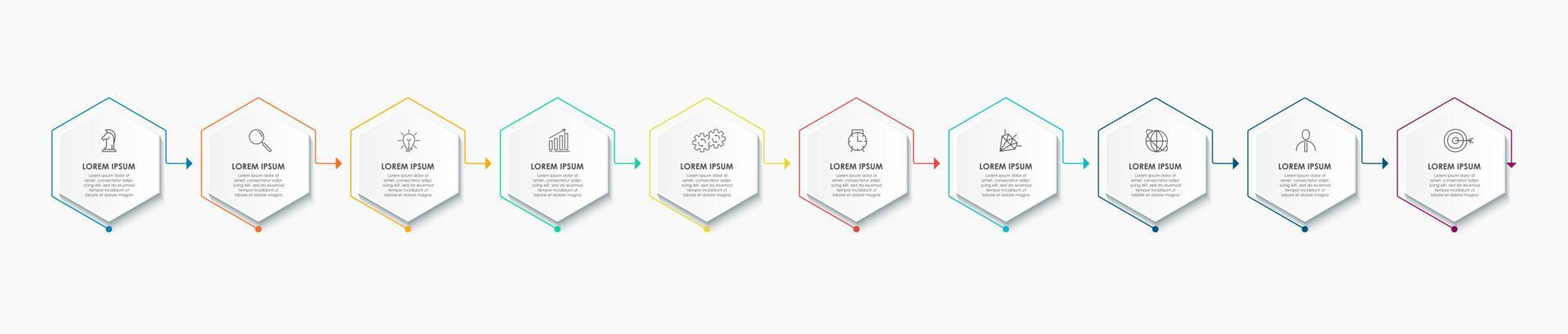 Business Infographics template. Timeline with 10 steps, options and marketing icons .Vector linear infographic with two circle conected elements. Can be use for presentation. vector